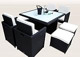 Ragnarök-Möbeldesign PolyRattan - DEUTSCHE Marke - EIGNENE Produktion - 8 Jahre GARANTIE auf UV-Beständigkeit Gartenmöbel Essgruppe Tisch + 4 Stühle & 4 Hocker 12 Polster Schwarz
