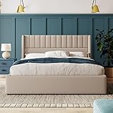 KEDAZM 160x200cm Holz Stauraumbett mit Kopfteil, Beige Polsterbett für Schlafzimmer, Lattenrost aus Holz, Extra Stauraum unter dem Bett