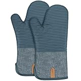 BONTHEE Ofenhandschuhe Hitzebeständige Topfhandschuhe Extra Lang Baumwolle kochhandschuhe mit Anti-Rutsch Silikon Gestreift backhandschuhe für Kochen Backen Grillen - 2er Set - Blau