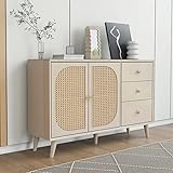 Sweiko zeitgemäße Kommode mit 2 Türen und 3 Schubladen, Rattan Türkommoden mit Schubkasten, Sideboard TV-Schrank Schubladenkommode Holz Mehrzweckschrank für Flur Schlafzimmer Wohnzimmer Esszimmer