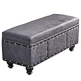 MEFFEE Fußhocker mit Stauraum,Massivholz-Fußhocker für Wohnzimmer,Schlafzimmer,PU-Schuhwechselhocker,Sitz,rechteckig,zusätzlicher Sitz(Farbe:Grau,Größe:100 x 40 x 45cm)