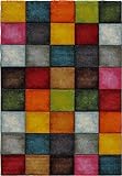 Paco Home Kurzflor Wohnzimmer Teppich Bunt Karo Design Vierecke Mehrfarbig Farbenfroh, Grösse:80x150 cm