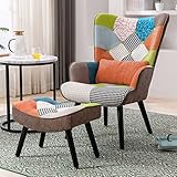 Relaxsessel mit Hocker Patchwork Sessel mit Lendenkissen Ohrensessel Holz Sessel Wohnzimmer moderner Fernsehsessel Loungesessel Stuhl Patchwork Leinen Massivholzfüße Orange