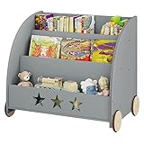 WOLTU Kinderregal Bücherregal für Kinder, Spielzeugregal mit Räder 3 Regale, Holz Standregal Kinderzimmerregal Mehrzweck Organizer(Grau)