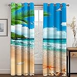 IZREEL 3D Kunstlandschaft Strand Muster Vorhang Blickdicht Ösen 2Er Set, Modern Thermogardine Für Wohnzimmer Schlafzimmer, Verdunklungsvorhänge Kinderzimmer Fensterdekoration 220X264cm (HxB)