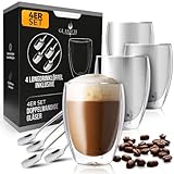 Glasich® 4X Latte Macchiato Gläser mit Löffel im Set Borosilikatglas 350ml - Doppelwandige Kaffee Cappuccino Gläser - Thermogläser doppelwandig - Teegläser Gläser Set - Espresso Tassen coffee mug