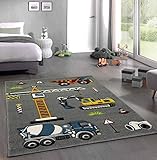 CARPETIA Kinderteppich Kinderzimmerteppich Baustelle Bagger grau gelb rot orange Größe 120x170 cm