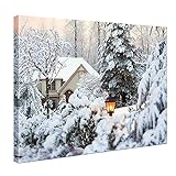CheQuadro! Bild Landschaft Laterne Laterne Kiefer Schnee Moderner Druck auf Leinwand psgo557, 100 x 70 cm