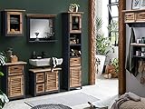 Woodkings® Badmöbel Set Kansas Holz Badset mit Hochschrank Badspiegel Waschbeckenunterschrank Hängeschrank Unterschrank 5teilig komplett (Grau)