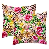 2Er Set Dekokissen Kissenbezüge Künstlerischer Leopard-Rosa-Rosen-Blumen-Jahrgang Stilvolles Throw Kissenbezüge Quadratische,wasserdichte Kissenhülle Für Bett Wohnzimmer Kopfkissen 45X45Cm