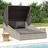 Festnight Sonnenliege 2 Personen mit Dach doppelliege Outdoor 2 Personen gartenliege 2 Personen Rattan gartenliege Rattan Sonnenbett Loungebett Balkon Liege Relaxliege Grau 200x114x128 cm Rattan