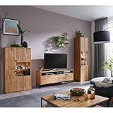 Wohnwand Set Mediawand mit LED-Beleuchtung (Couchtisch Highboard, Vitrine, TV Lowboard), Wildeiche massiv geölt