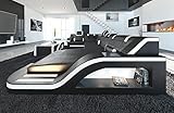 Wohnlandschaft Palermo Sofa U Form Ledersofa - mit LED Beleuchtung, verstellbare Kopfstützen, Recamiere/Lederfarben wählbar/Ausrichtung wählbar (Ottomane rechts, Schwarz-Weiß)