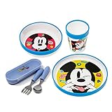 damaloo Mickey Mouse Geschirr rutschfest mit Kinderbesteck - 5-teiliges Mickey Maus Kindergeschirr Set mit Teller, Schüssel, Becher, Gabel, Löffel - Geschirrset Kinder und Besteck für Baby BPA frei