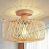 FRIDEKO HOME Vintage Bambus Deckenleuchte-Retro Bambus Holz Lampenschirm Deckenlampe E27 Lampenfassung Boho Rattan Lampe Ø30cm Hängeleuchte für Küche Flur Wohnzimmer Schlafzimmer Esszimmer