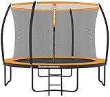 SONGMICS Trampolin Ø 305 cm, rundes Gartentrampolin mit Sicherheitsnetz, mit Leiter und gepolsterten Stangen, Sicherheitsabdeckung, sicher, schwarz-orange STR102O01