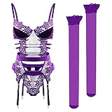 VETCS Sexy Dessous-Set für Damen Blumenspitze Netzstoff Bügel Push-up-BH und Höschen mit Strümpfen Exotisches 3-teiliges Set,Lila,M