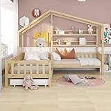 GBHJJ Kinderbett Hausbett, Kinderbett mit Fallschutz, Kinderbett Hausbett mit Schubladen und Regalen, L-Struktur, Ohne Matratze, Natur (90x200 cm+140x70cm)