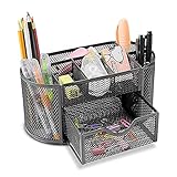 CEWROM Stifthalter Schreibtisch, Mesh Metall Büro-Organizer mit Schublade und Stifthalter für Stifte, 9 Sortierfächer für Stifte, Hefter, Haftnotizen, Ordnerklammern, Platzsparendes Desk Organizer