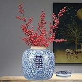 Moueqkee Antike Porzellankeramikvase für Blumen Boho handgefertigte Blumenvase Keramik Blumenvasen Form für getrocknete Blumenpampas Grasblau Vase für Wohnzimmer Schlafzimmer Schreibtisch Dekor,A
