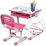 DREAMADE höhenverstellbarer Kinderschreibtisch, Schülerschreibtisch Jugendschreibtisch neigungsverstellbar, Schreibtisch Set für Kinder mit Stuhl und Schublade (Pink)