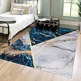 Mazovia Modern Teppich - Kurzflor Waschbar - Weich Teppich für Wohnzimmer, Schlafzimmer, Esszimmer – Teppiche Marmor Abstrakt Muster - Blau Grau Gold 140 x 200 cm