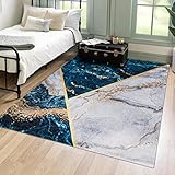 Mazovia Modern Teppich - Kurzflor Waschbar - Weich Teppich für Wohnzimmer, Schlafzimmer, Esszimmer – Teppiche Marmor Abstrakt Muster - Blau Grau Gold 140 x 200 cm