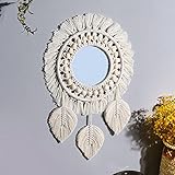 Nivofu Wandspiegel, Boho Deco Spiegel mit Feder Anhänger, an der Wand Befestigter Dekorativer Spiegel, Runder Dekorativer Spiegel, Hängenden Wandspiegel für Wohnung Home Schlafzimmer Wohnzimmer
