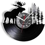 Runde Wanduhr für Büro, Schule, Zuhause, Küche, Wohnzimmer, Geweih, Hirsch, Wanddekoration, Retro-Schallplatten-Wanduhr, Hirschgeweih, Wald, Elchkönig mit Kiefer, Jagd-Wanduhr, Jäger-Geschenk