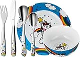 WMF Einhorn Kinder Geschirrset 6-teilig, Kindergeschirr mit Kinderbesteck Edelstahl, 3-9 Jahre, Cromargan poliert, spülmaschinengeeignet