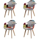 GrandCA HOME 4er-Set Esszimmerstühle mit Armlehne, Vintage-Küchenstühle, Sessel, Massivholzbeine und Patchwork-Stoffsitz, für Schlafzimmer, Wohnzimmer, Esszimmer und Küche, Rot