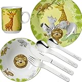 Sterngaf Kinderset Dschungel-Tiere 7tlg. MIT Gravur (z.B. Namen) personalisiertes Kinderbesteck + Kindergeschirr Tiere (Teller, Becher, Schale)