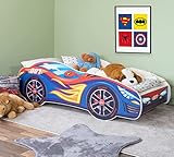 Alcube® Autobett 80x160 mit LED-Beleuchtung PKW Burning Flame mit Matratze, Lattenrost & Rausfallschutz - MDF Bett für kleine Rennfahrer ab 2 bis 3 Jahren - Kinderbett 160x80 cm Cars Bett Jugendbett