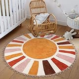 Boho Kleine Badezimmerteppiche Mandala Weiche Fußmatte mit Pom Pom Fransen Überwurfteppiche rutschfest Flauschiger Teppich (Mehrfarbig, 120 cm Rund)