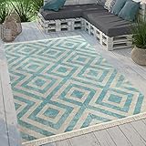 Paco Home Outdoor Teppich Wetterfest Wohnzimmer Balkon Küchenteppich Flachgewebe Rautenmuster Modern, Grösse:160x220 cm, Farbe:Blau-Weiß