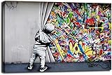 MJEDC Banksy Bilder Leinwand Behind the Curtain Graffiti Street Art Leinwandbild Fertig Auf Keilrahmen Kunstdrucke Wohnzimmer Wanddekoration Deko XXL (80x140cm(31.5x55.1inch))