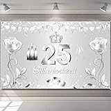 Silberhochzeit Banner Deko, Groß 25. Hochzeitstag Banner für Garten Wand Dekoration, Silber Hintergrund Banner für Silberne Hochzeit 25. Jubiläum Deko, 180 x 110cm