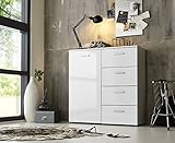 BMG Möbel Schubladen Kommode Sideboard Anrichte Marbella in Hochglanz Weiß - Höhe 91cm, Breite 88cm, Tiefe 32cm … (1 Tür 4 Schubkästen 88 cm breit)