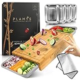 PLAMYS XXL Schneidebrett Set aus Bambus mit 4 großen Edelstahl Auffangschalen rostfrei und spülmaschinenfest, Schneidebrett Holz mit Anti-Rutsch Silikonfüße und LFGB Zertifizierung