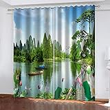 TEMKIN Vorhang Blickdicht Schlaufen, 3D Grüne Seenlandschaft Muster Ösenvorhang 2Er Set, Verdunkelungsvorhang Schlafzimmer Mit Ösen, Thermogardine Wohnzimmer Modern Fensterdekoration 210X264cm