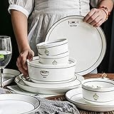 Geschirrset, Keramik-Geschirrsets, 56-teiliges Geschirr im nordischen einfachen Stil – Schüssel/Teller/Löffel | Porzellan-Kombinationsset mit schwarzem Rand, zweizeilig, für Familienfestrest