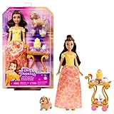 DISNEY Princess Belles Teewagen - Puppe, Freundefiguren, Zubehör, rollender Teewagen, 2 Ebenen, Stufentorte, geblümtes Kleid, lange Haare, für Kinder ab 3 Jahren, HLW20