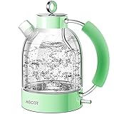 Wasserkocher Glas, ASCOT Elektrischer Wasserkocher Edelstahl, 2200W, 1,6L, Retro Design, BPA frei, leiser Schnellkochkessel, kabelloser Teekessel, Trockengehschutz und automatische Abschaltung