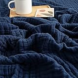EMME Musselin-Decke, 100% Baumwolle, Sommer-Überwurf, Decken für Couch, 6-lagige atmungsaktive Gaze-Decke, alle Jahreszeiten, weich & leicht vorgewaschene Baumwolldecke (Marineblau, 139,7 x 190,5 cm)