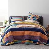 Gesteppte Tagesdecke, Doppelbett, Super-King-Size-Bett, 230 x 274 cm, schicke bunte Streifen, Patchwork, leicht, Bettbezug-Set mit 2 Kissenbezügen