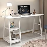 PUNCIA Schreibtisch mit 2 Ablagen Computertisch aus Holz & Metall Bürotisch PC Laptop Tisch Arbeitstisch 110 cm weiß für Schüler Büro Wohnzimmer Zuhause Schule