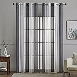 Topfinel Vorhänge mit Ösen Stores Gardinen Weiß-Grau Streifen Vorhang Halbtransparent kurz Ösenvorhang 140x145 cm Dekorieren Moderner Wohnzimmer