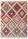 RugVista, Kelim Usak, Teppich, Mittelflor Teppich, 140 x 200 cm, Rechteckiger, Moderner Kelim Teppich, Wolle, Flur, Schlafzimmer, Küche, Wohnzimmer, Schwarz/Grau, Mehrfarbig