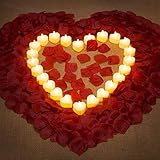 1000 Stücke Künstliche Gefälschte Rosenblätter und 24 Herzförmige Flammenlose LED Teelicht Kerzen Romantische Liebe LED Kerzen Künstliche Blütenblätter zum Valentinstag Hochzeit (Gelb)