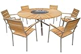 OUTFLEXX Sitzgruppe in Natur, Tisch mit Teakholz-Platte, Edelstahl-Gestell, ca. Ø170 cm, 6 Personen, 6 Stapelsessel Stapelstühle, komplettes Gartenmöbelset aus Holz und Metall, inkl. Eiskühler